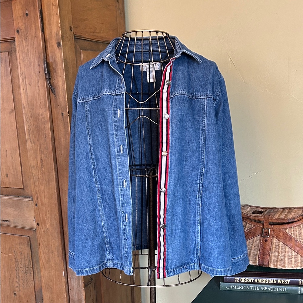 VINTAGE Denim Jacket with Red and White Stripe